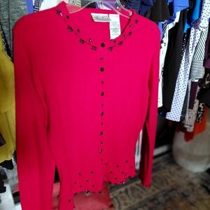 St. John Fuchsia Cardigan with Black Embellishments